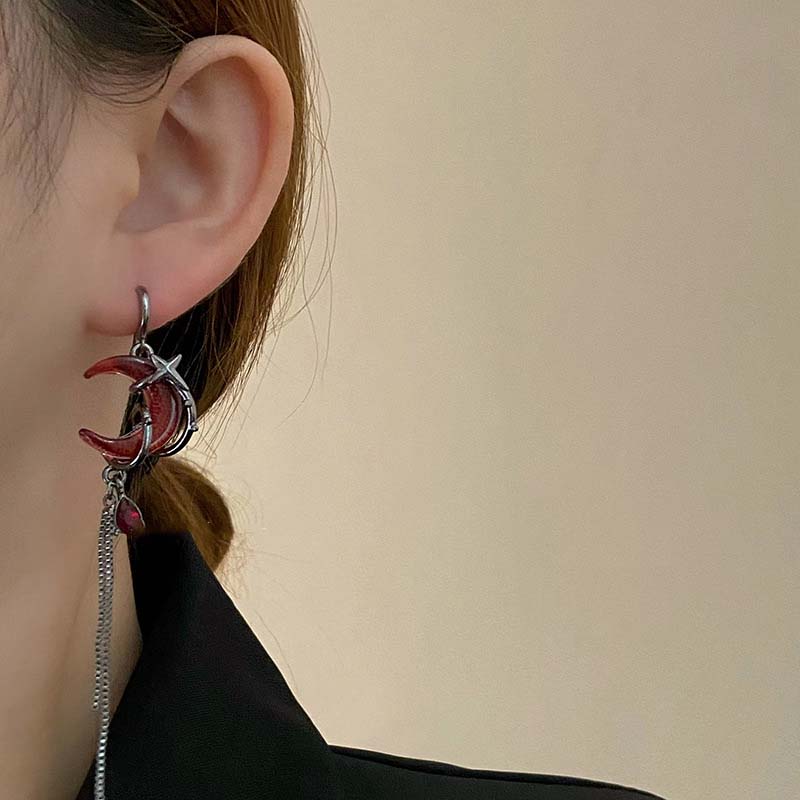 Red Crescent Asymmetrical Tassel Earrings, Niche Personality High-End Sweet And Cool Style Ear Accessories