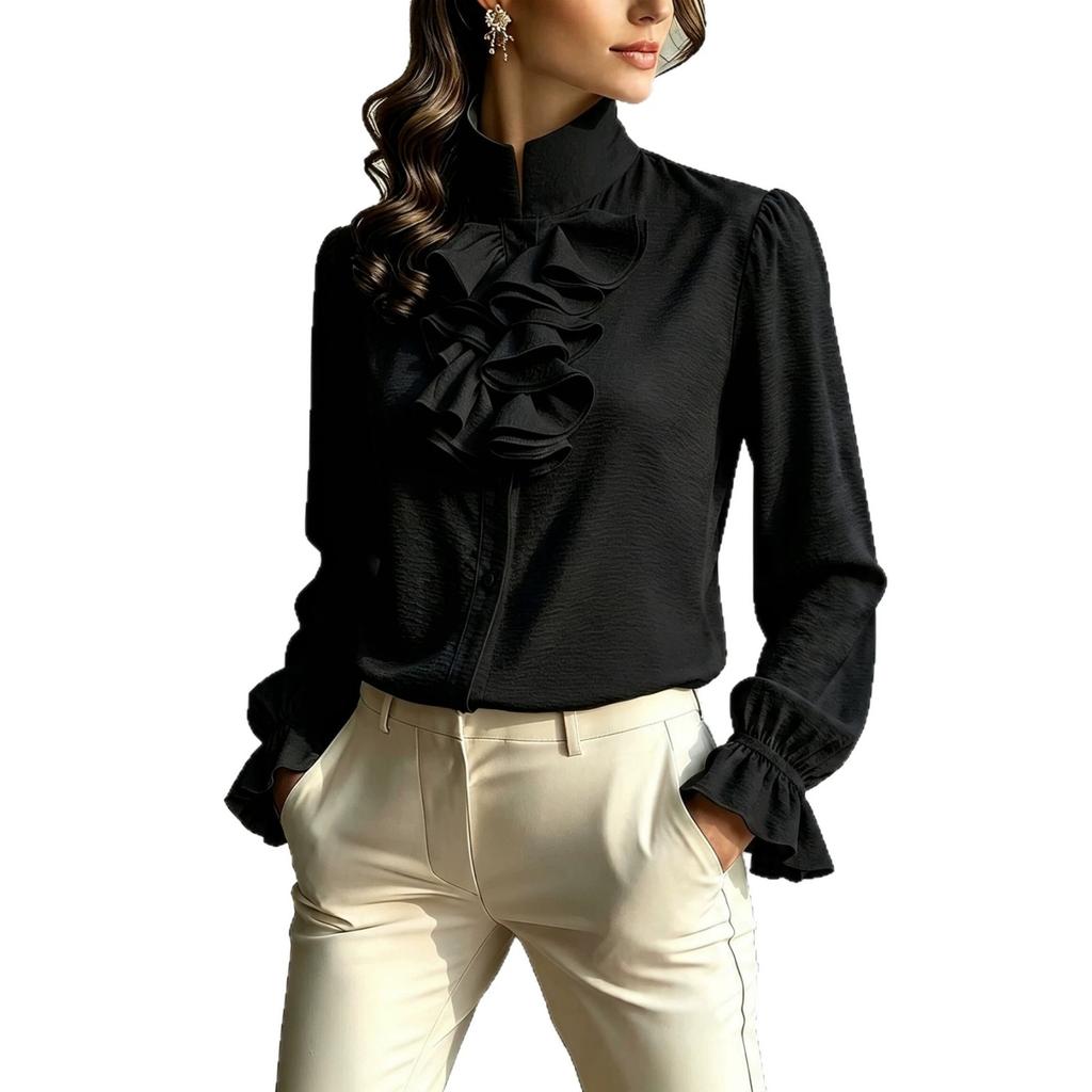European and American Temperament Commuter Stand-up Collar Long-sleeved Polyester Shirt Women's Elegant Style Autumn New Solid Color Versatile Top
