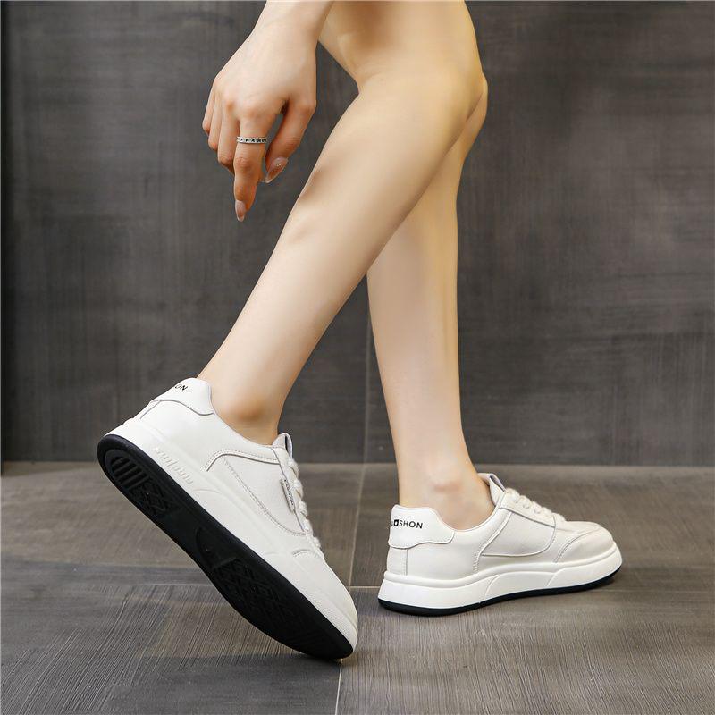 Women's Versatile Thick-Soled White Leather Sneakers for Spring & Autumn - Casual Sports & Skate Shoes