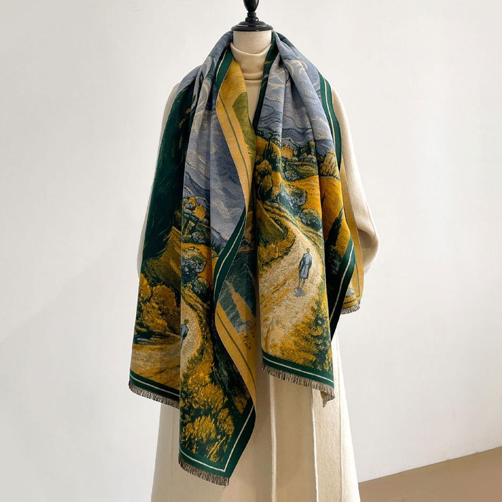 Design Scarves Women Autumn Winter Thicken Scarf Imitation Cashmere Oil Painting Shawl Warm Coldproof Windproof Blanket