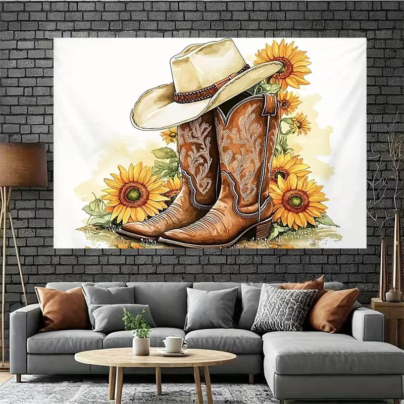2D Vintage Western Cowboy Hat & Boots Backdrop Sunflower Themed Party Photography Background