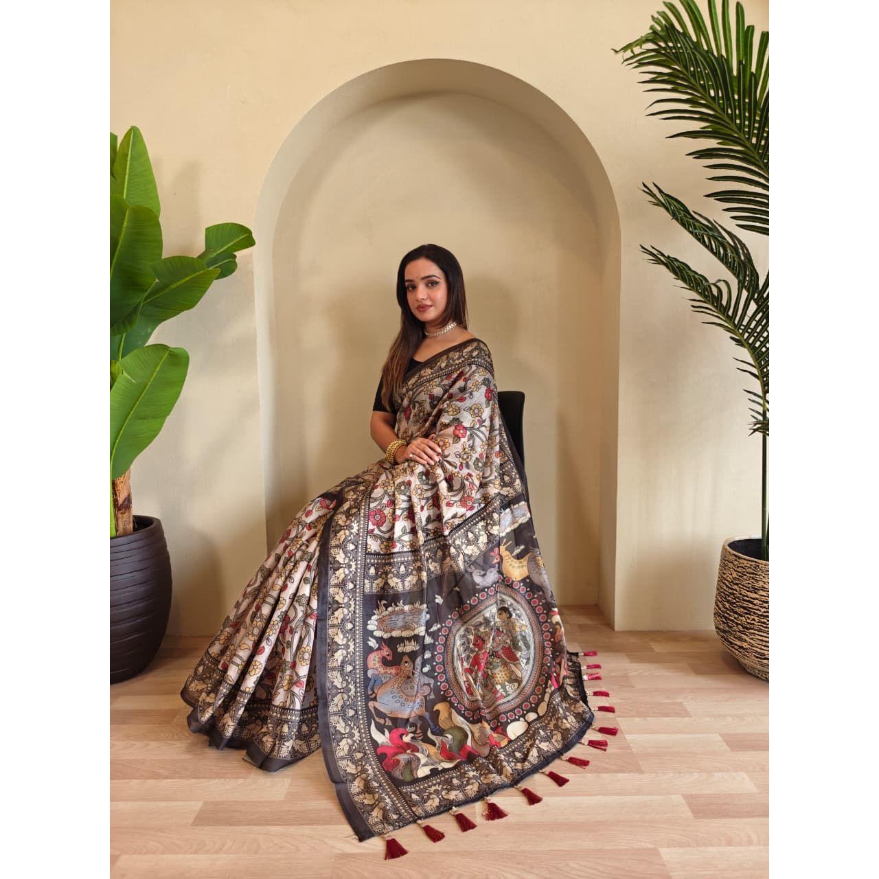 soft cotton chanderi sarees with kalamkari digital print pattern tassels over the saree.