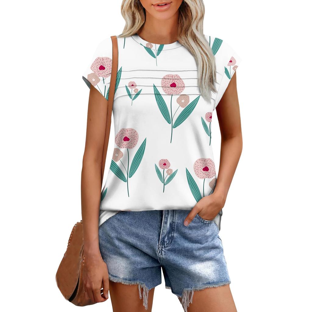 Damesmode Casual Basic Textuur Bloemenprint Ronde Hals Korte Mouwen Top met Kapmouwtjes