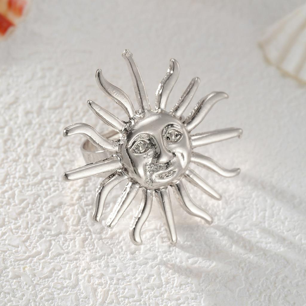 Set de inele din aliaj de soare cu față exagerată, inele geometrice reglabile, pentru plajă, personalizate, inele pentru femei pentru navetiști.