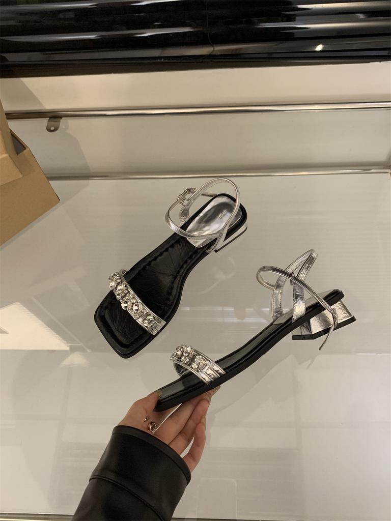 One-word Buckle with Sandals Female New Rhinestone Temperament Fairy with Skirt Thick Heel Silver Shoes