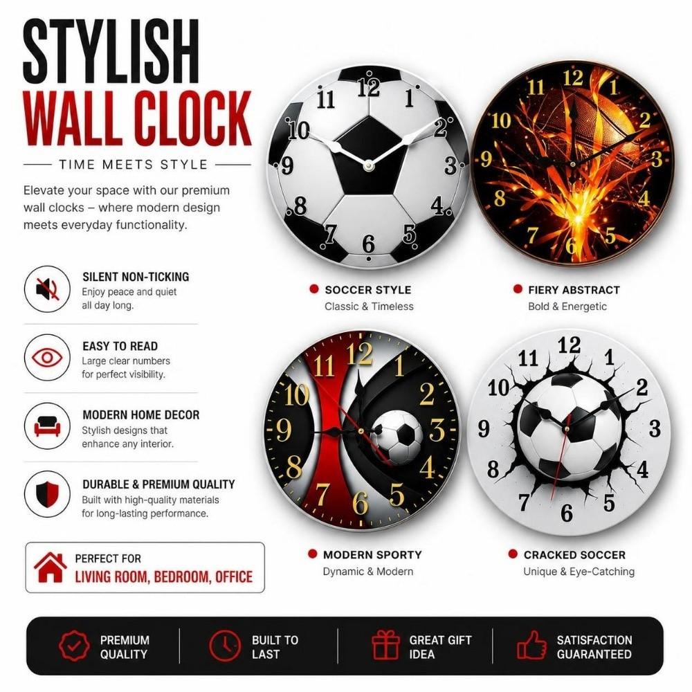 30cm Football-Themed Wooden Clock Solid Wood Soccer Quartz Clock Round Wall Clock  Living Room