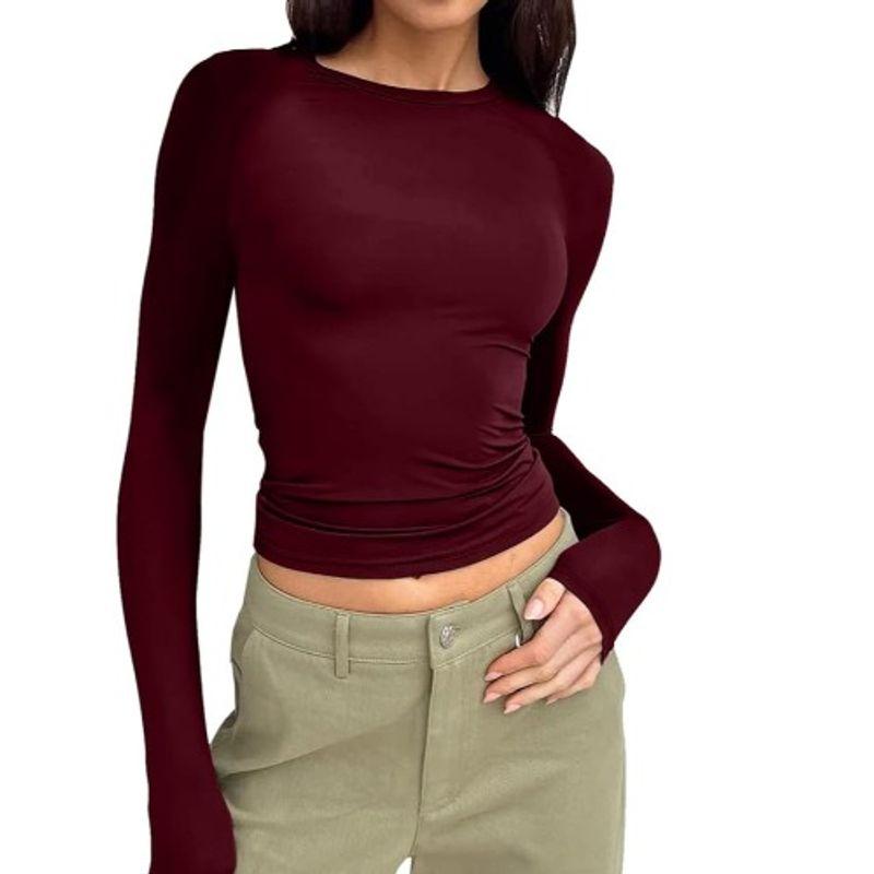 Spring & Fall New Arrival Cross-Border Fashion Round Neck Tight Casual and Comfortable Raglan Long Sleeves T-shirt Pure Color Silm Pullover Base