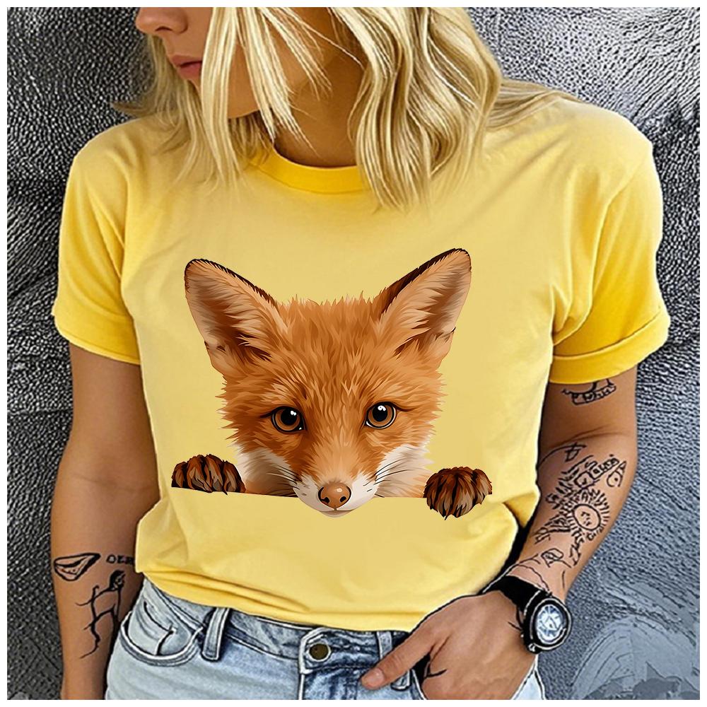 

men Women s Cotton 100% Little Fox Print T-shirt Loose round Neck Casual Short Sleeve Fashion Top Clothing Summer S