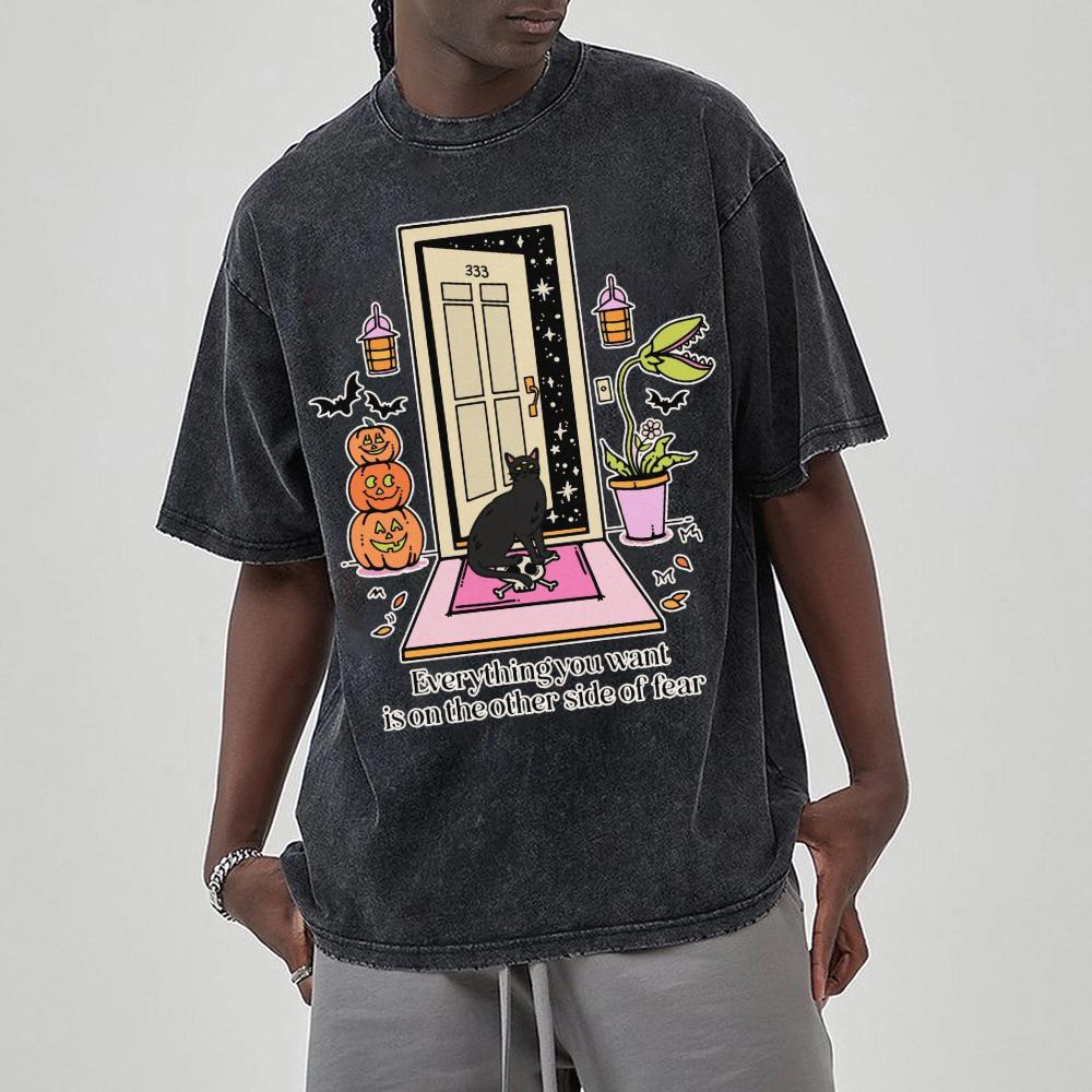 Halloween Pumpa Demon Tryck Dam T-shirt Tvättad Denim Casual Retro Lös Kortärmad Holiday Wear Kläder