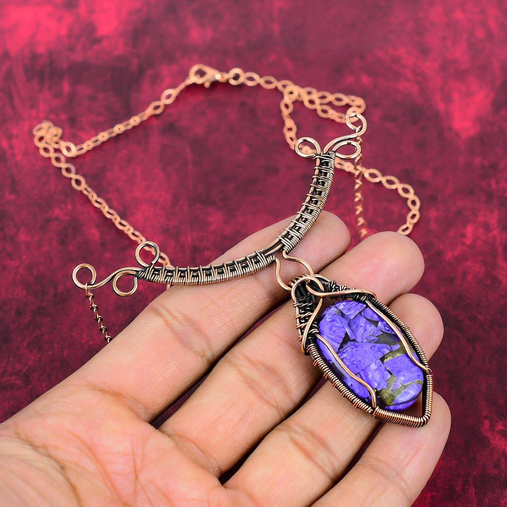 Copper Charoite Necklace Copper Wire Wrapped Necklace Adjustable Chain Necklace Gemstone Copper Jewelry Handmade Necklace Anniversary Gifts