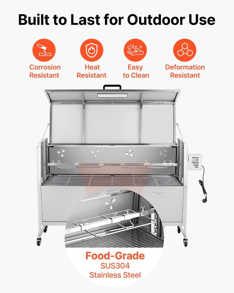 Rotisserie Grill, 38W BBQ Outdoor Pig & Lamb Spit Roaster, Charcoal Spit Roaster with 60 Kg Capacity, Wheels & 4-Level Height, Stainless Steel