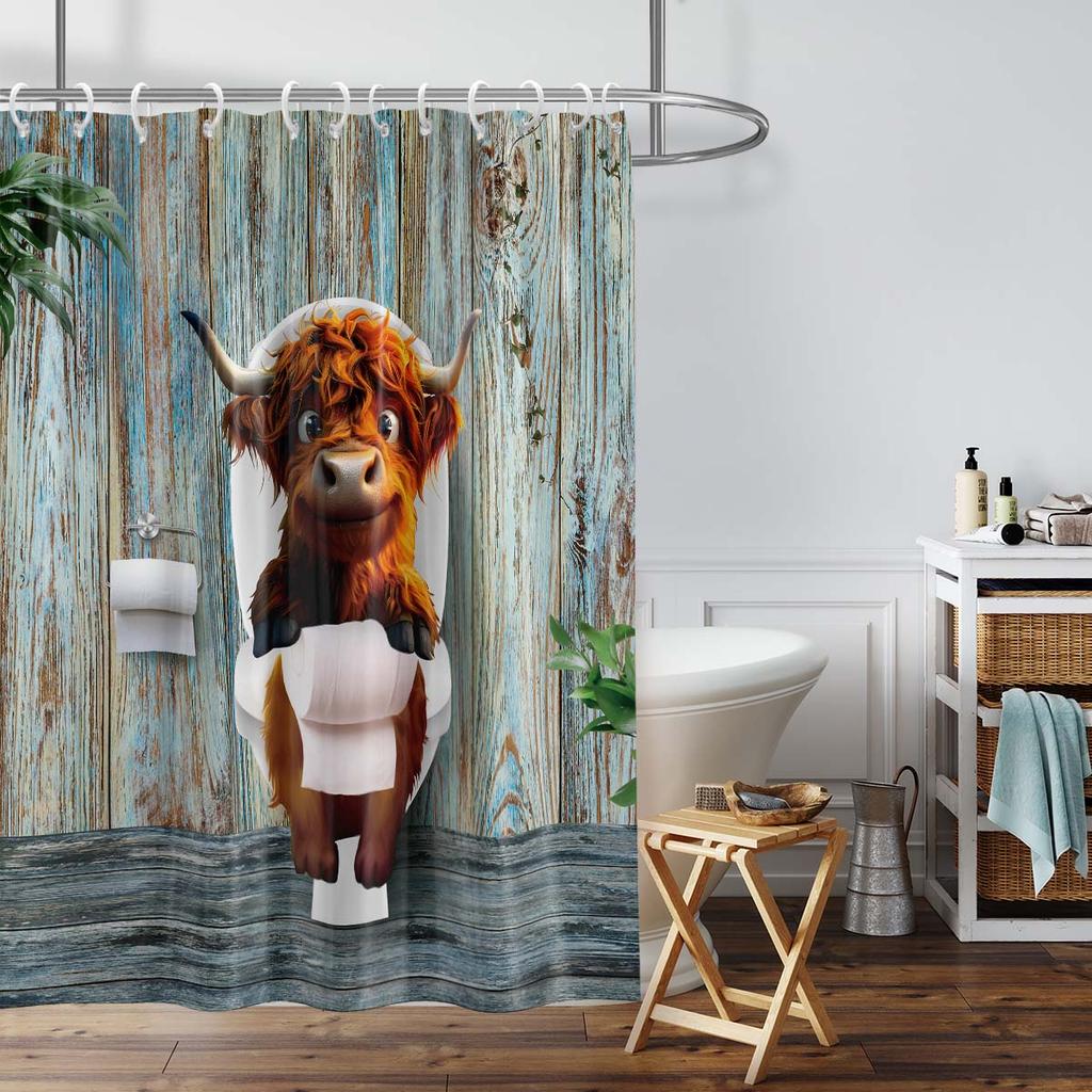 1Pc Cattle In Toilet Pattern Printed Shower Curtain, Waterproof, With 12 Hooks, Bathroom Showers, Bathtub, Home Use