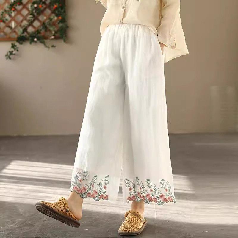 New Chinese-style Ramie Casual Pants for Women in Summer New Loose High-waist Embroidered Versatile Double-layer Wide-leg Pants