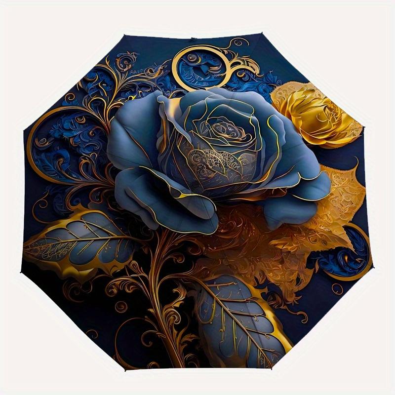Elegant Blue Rose Decor Luxury Floral Painting for Home DecorationsUmbrella, Portable 3-Fold Compact Umbrella for Men & Women ES24