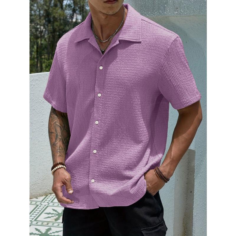 Men Notched Lapel Short Sleeve Shirt Crinkle Waffle Texture Full Button Front Loose Vacation Casual Blouse Tops