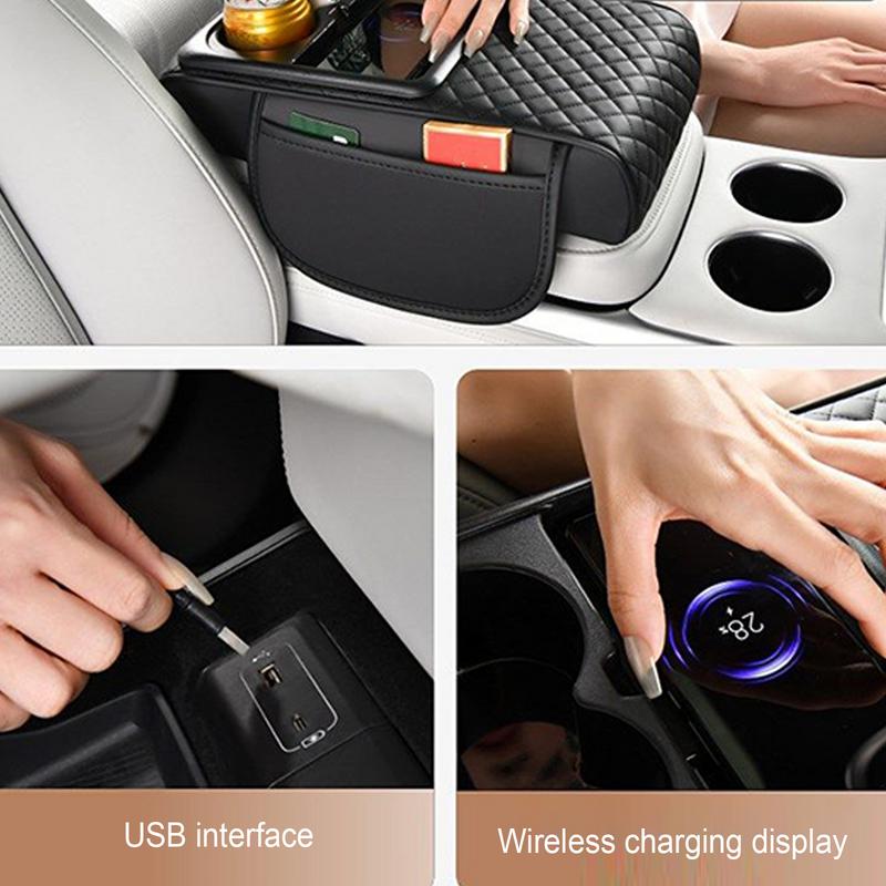 Car Armrest Mat Center Console Arm Rest Protect Cushion With Wireless Charging Phone Holder Cup Holder For Water Bottle Drinks