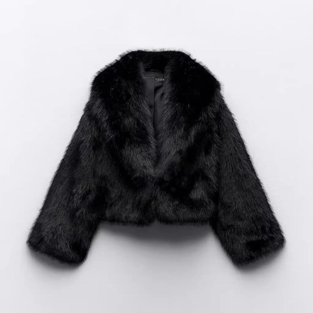 Women's Notched‑Collar Long Sleeve Faux Fur Short Coat Regular Fit Winter Warm Outerwear
