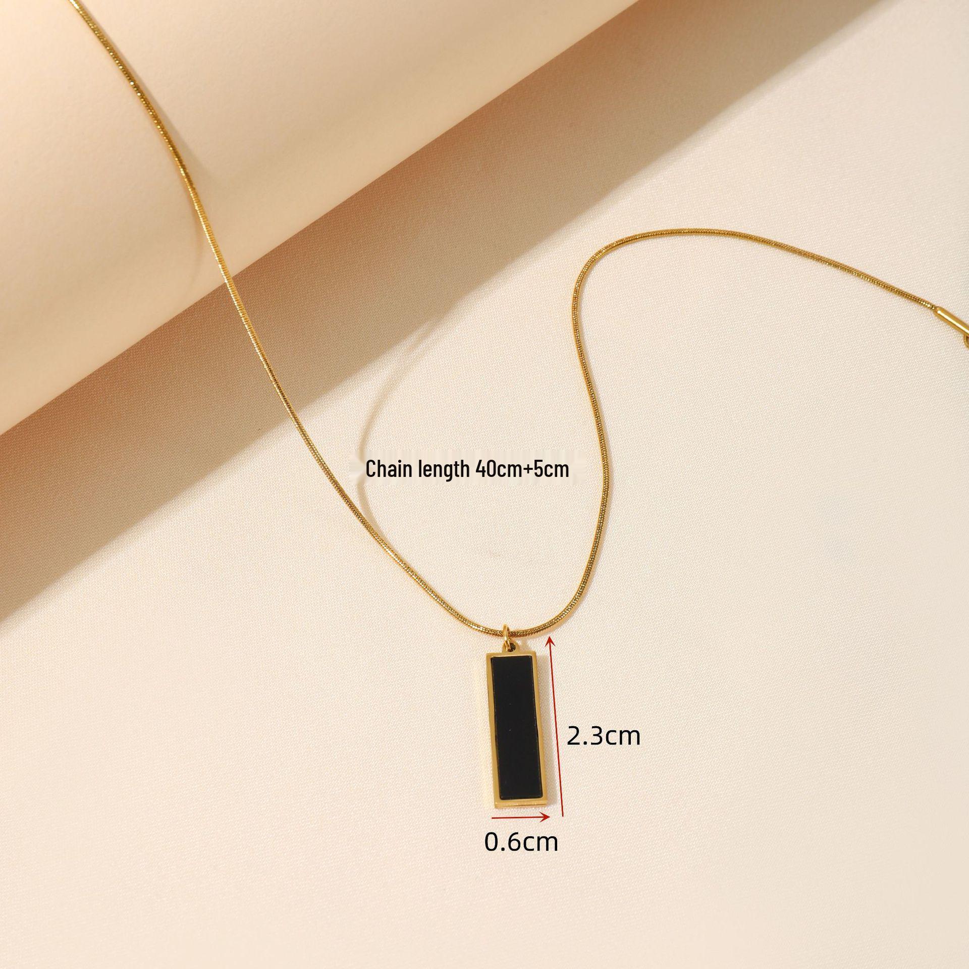 Titanium Steel Necklace for Women, Elegant Black Rectangular Pendant, Round Snake Chain, Fade-Resistant Clavicle Chain