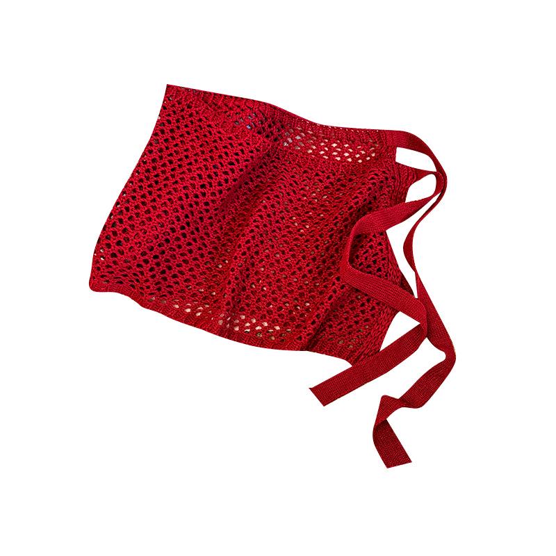 Korean Style Red Knit Hollow Skirt with Decorative Straps - Women's Spring/Summer Layered Outerwear