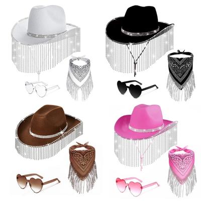 Stylish Cowgirl Hat Wide Brim Cowboy Hat with Square Neck Scarf & Glasses for Bachelorette Parties and Costume Event