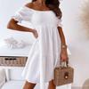 Spring Summer Women's Casual Off-Shoulder Dress with Ruching, Bubble Sleeves, Midi-Length, Stretchy, Elegant Ruffles