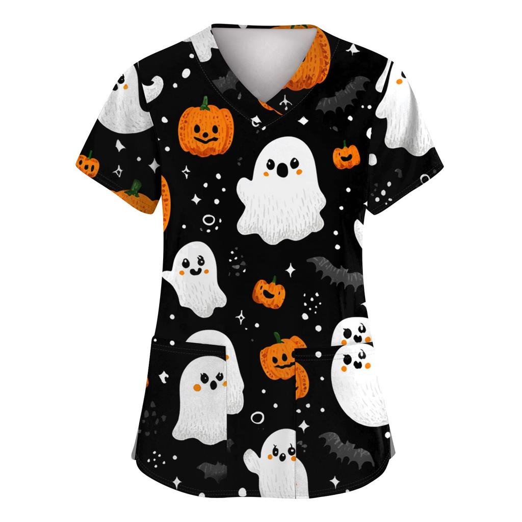 Women's Fashion Short Sleeve Halloween Printed V-Neck Pocket Workwear Tops