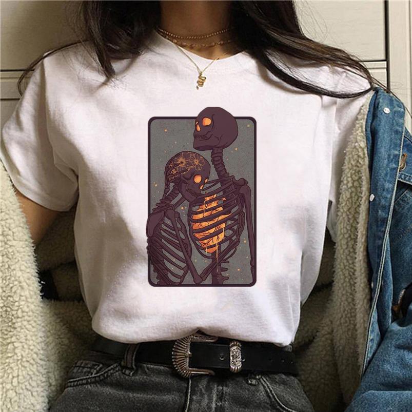 Summer Tshirt Female Tee Skull Cat Print Women Tshirt Punk Dark Grunge Streetwear Ladies Gothic Top Tshirts Harajuku Clothes Y2K