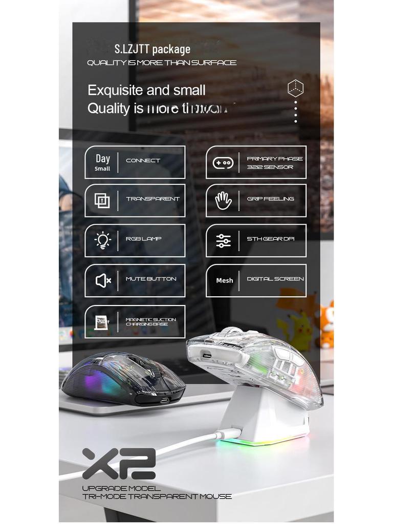 Attack Shark X2PRO RGB Luminous Wireless Bluetooth Transparent Gaming Mouse with Screen
