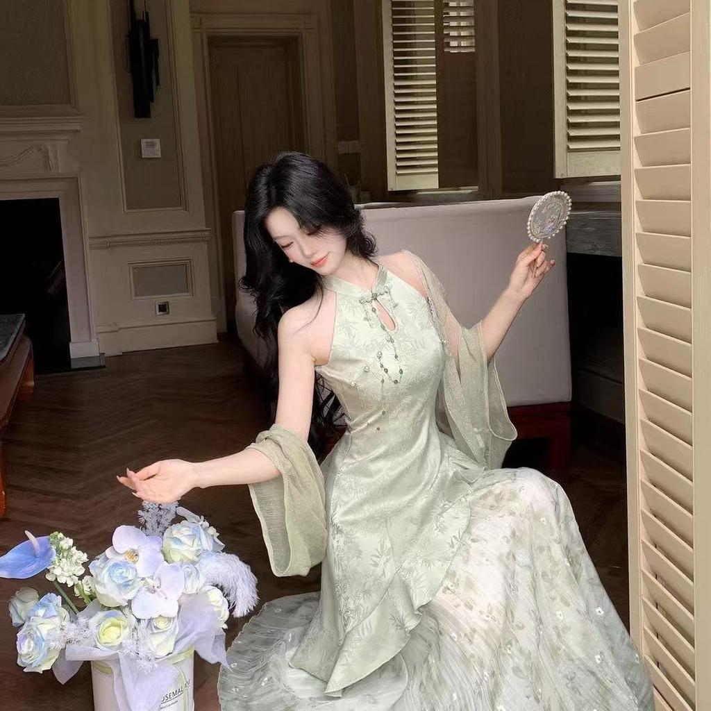 New Chinese summer national style improved cheongsam dress cardigan two-piece set atmosphere wear beautiful long skirt