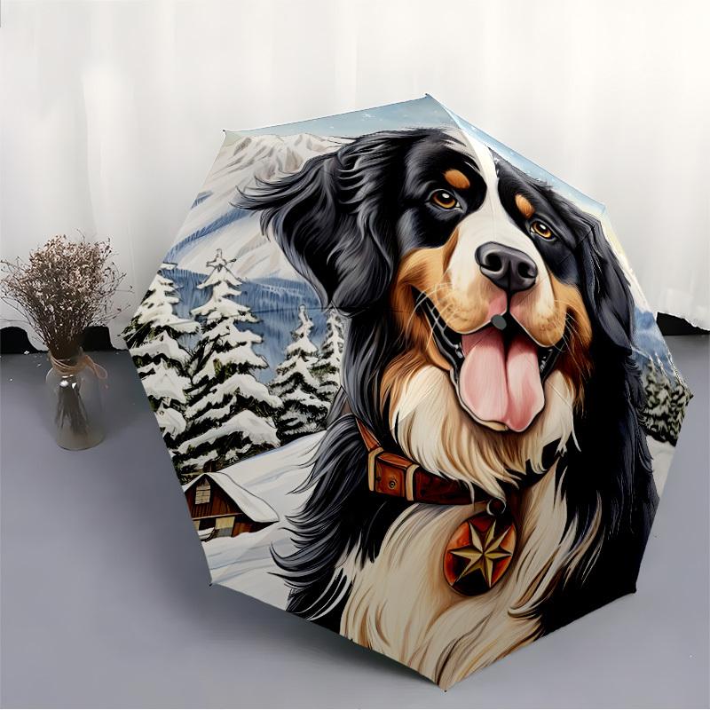 1pc Winter Mountains Dog Automatic Folding Umbrella, Sturdy And Durable Automatic Folding Umbrella with 8 Ribs, Convenient for Outdoor Use023