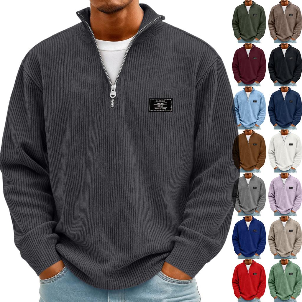 Men's Retro Corduroy Long Sleeve Shirt with Zip-Up Stand Collar Casual Top