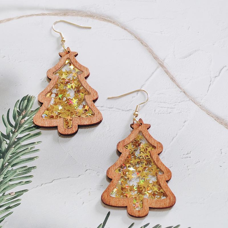 Серьги-елочки с блестками, пайетками, деревянными и акриловыми вставками