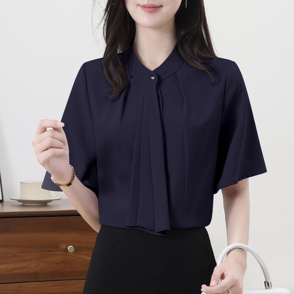Shirt Blouse for Short Body Office Going Summer [Yino] Women, Sleeve, Bowtie, Drape, Ribbon, Covering, Slimming, Stylish, Neat, Feminine, Adult, Cute,