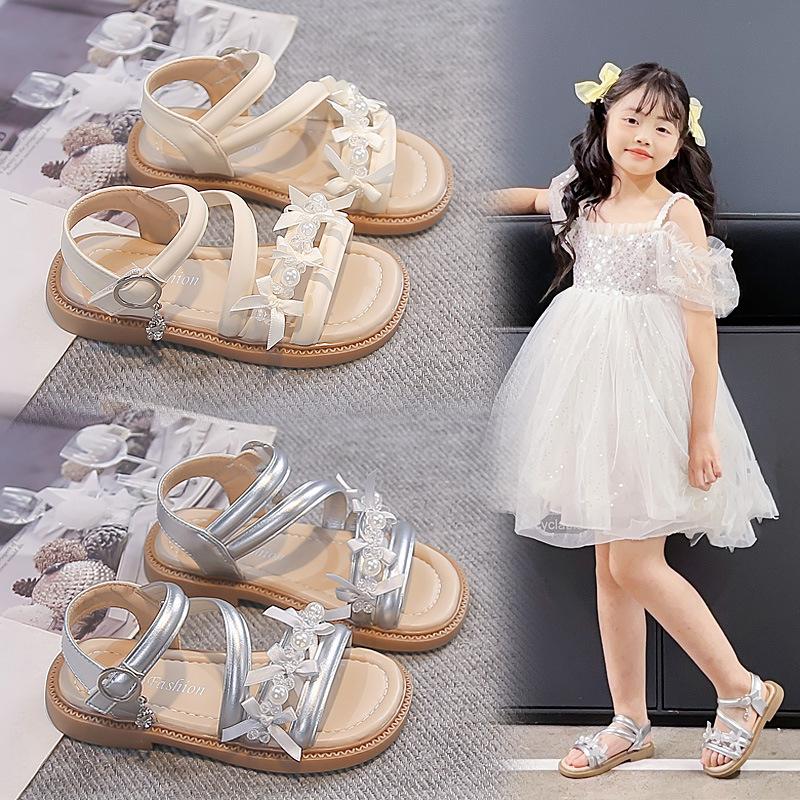 Girls Pearl Sandals Comfort Non-Slip Beach Shoes Hook & Loop Princess Sweet Beach Sandals
