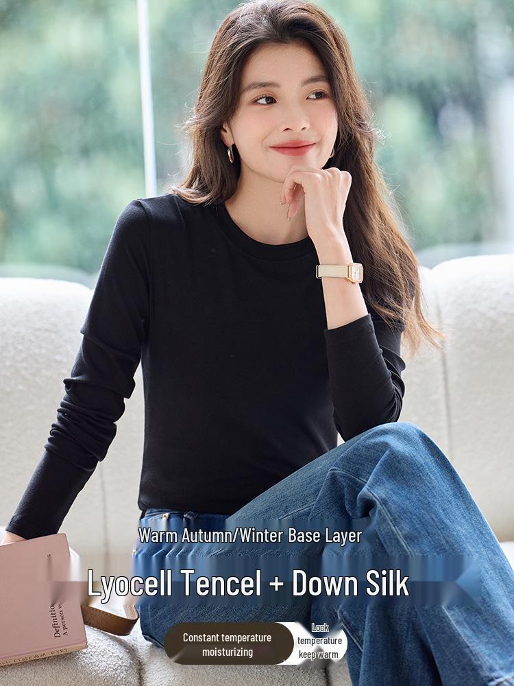 Women's Heavyweight Lyocell Long Sleeve Round Neck T-shirt with Plus Velvet Inner Layer - Slim Fit, Thickened for Autumn/Winter