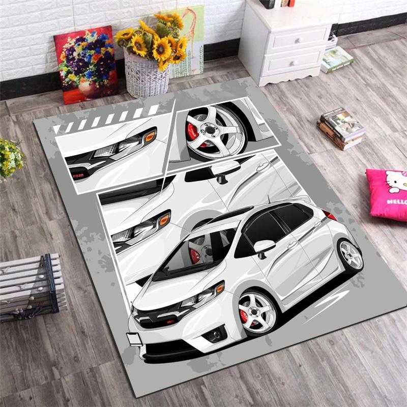 White Tuned Sport Car Split Comic Panel Print Area Rug Non‑Slip Rectangular Floor Mat Auto Fan Decor for Gaming Bedroom Living Room