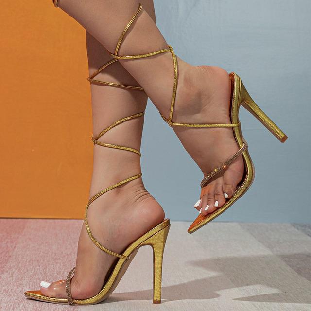 

Дизайнерская летняя обувь с перекрестным ремешком, женские сандалии на высоком каблуке, сандалии с острым носком, золотые сандалии с острым носком, сексуальные вечерние босоножки на шпильке с открытой пяткой 33 золотой
