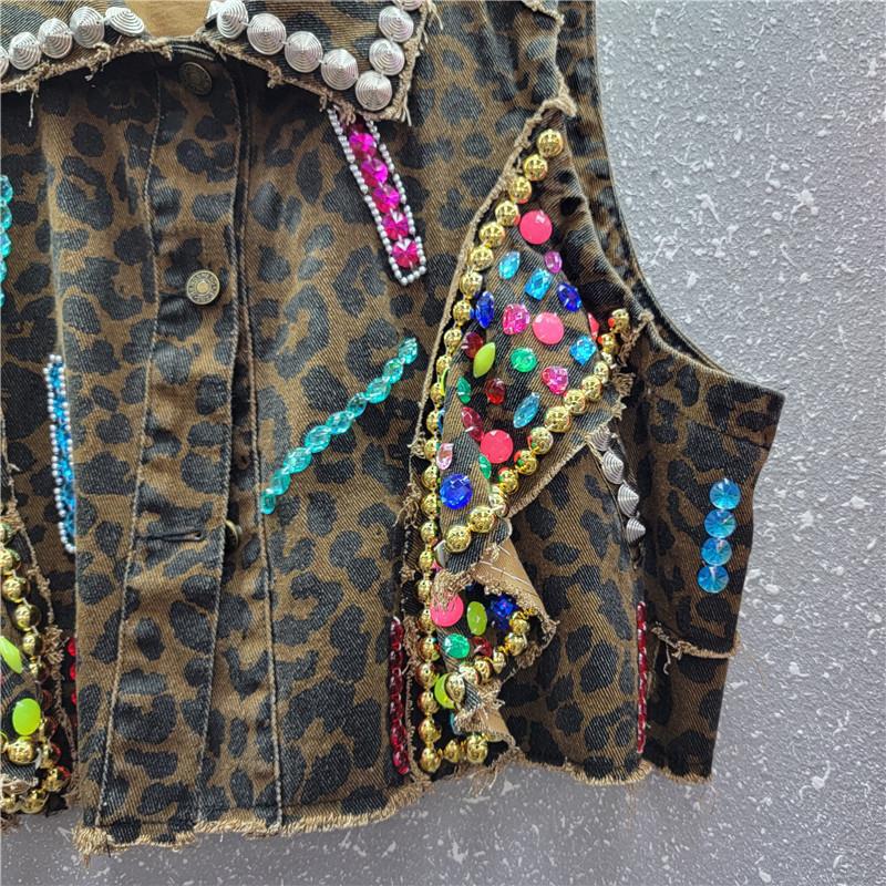 European and American leopard print denim vest women's summer sleeveless vest versatile outer wear vest foreign style short jacket cross-border trendy