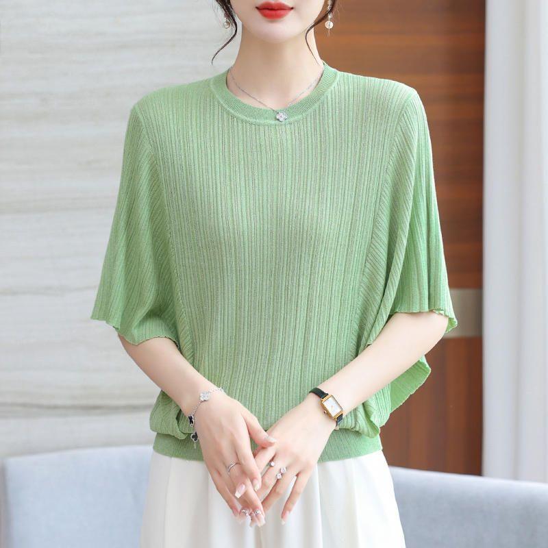 Tricou tricotat de vară pentru femei Cămașă cu mânecă scurtă de liliac Vară, Top la modă Cămașă tricotată din mătase de gheață