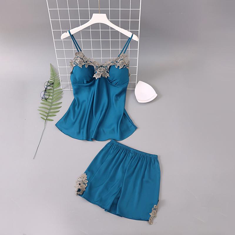 Damski zestaw piżamowy z lodowego jedwabiu i szyfonu 2025: Letnia/Wiosenna Koszulka na Ramiączkach z Wkładkami na Piersi, Cienki Fason, Dwuczęściowy Zestaw do Domu.