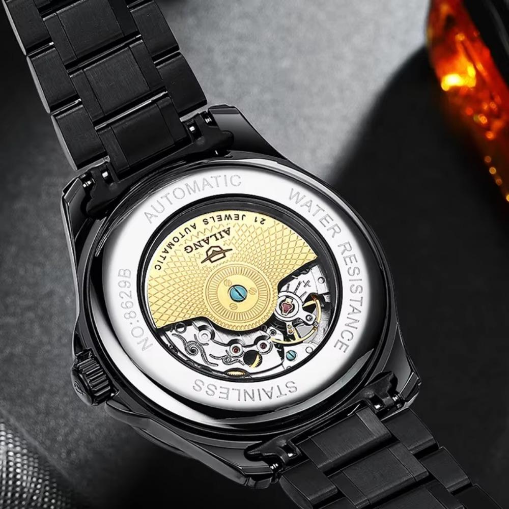 AILANG Men Automatic Mechanical Wristwatch Hollow Skeleton Dial Stainless Steel Band Business Sport Male Watch