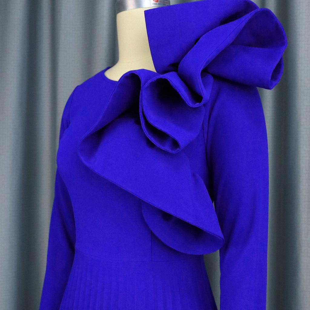 Elegant Women Long Dresses Autumn New Plus Size O Neck Ruffles Long Sleeve Pleated Party Dress