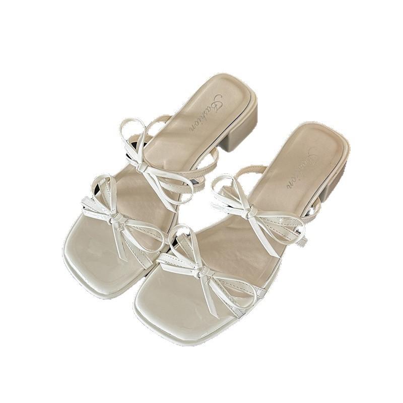 High heels women's outer wear 2025 summer new versatile niche French fashion bow thick heel slippers women's sandals