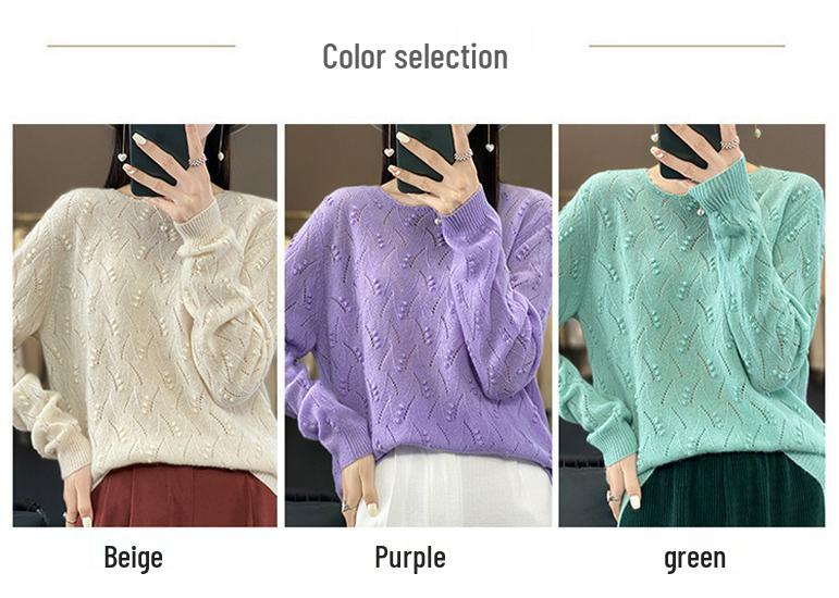 2023 Early Autumn Women's Round Neck Solid Loose Knit Hollow Wool Sweater Top