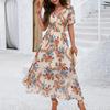 Boho Floralprint Maxikleid für Damen Sommer Strandsonnenkleid mit tiefem V-Ausschnitt Rüschenkurzarm Chiffon Langes Freizeitkleid