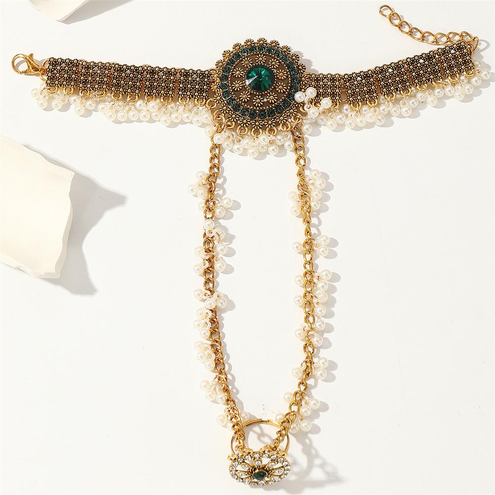 Bracelet Boho Rétro pour Femmes Pièce Unique Couleur Or Cristal Fleur Bague de Doigt Bracelets Zircon Gland Mariage Ethnique Indien Zircon