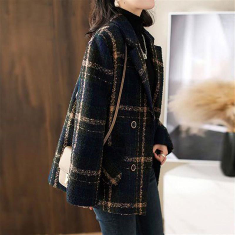 Tooxika Autumn And Winter New Retro British Style Color Matching Plaid Suit Jacket Double-breasted Woolen Coat For Women