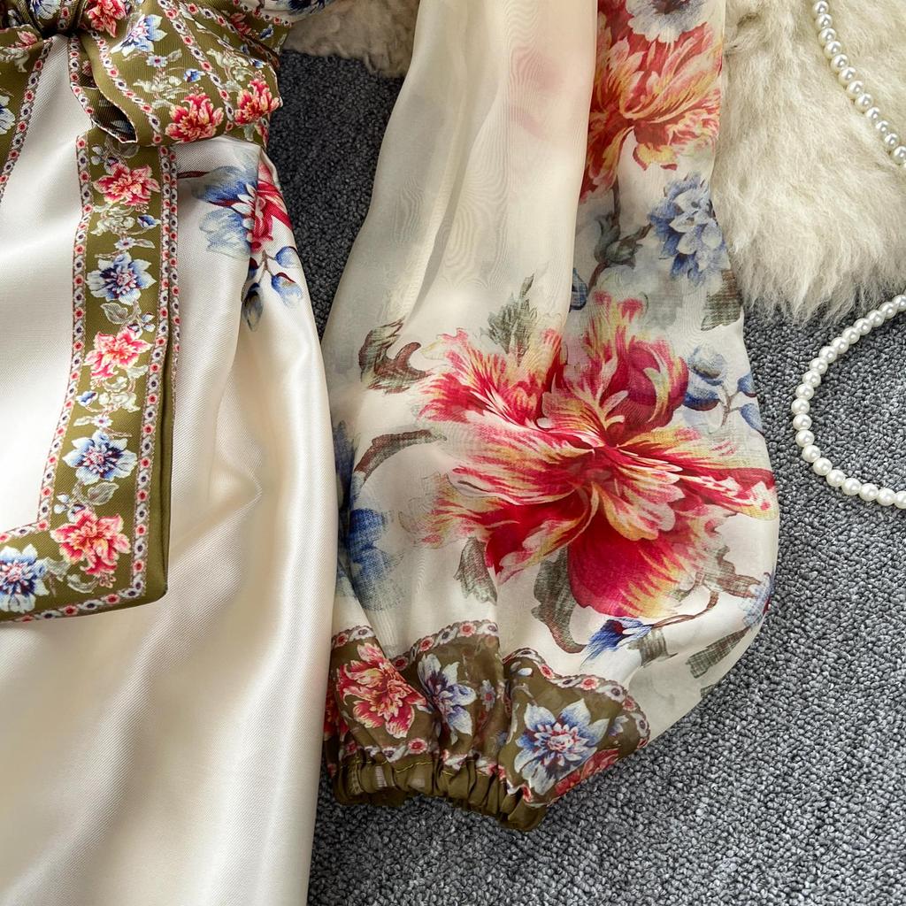 Floral Summer Dress Women Slim Waist Bandage Temperament Robe Femme  Vestidos De Mujer Vintage Elegant Maxi Dresses 27w921