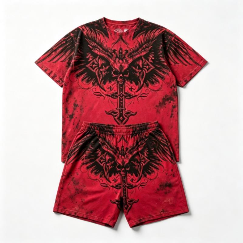 Summer Fashion Y2K Vintage Cross Skull Wings Graphic Printed Round Neck Short Sleeved T-Shirt And Shorts Set Men's and Women's T-shirt Shorts Set