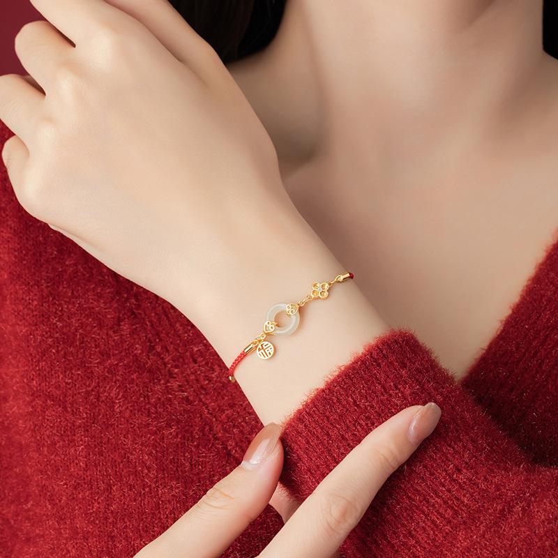 Hetian Jade Peace 925 Sterling Silver Auspicious Cloud & Four-Leaf Clover Bracelet